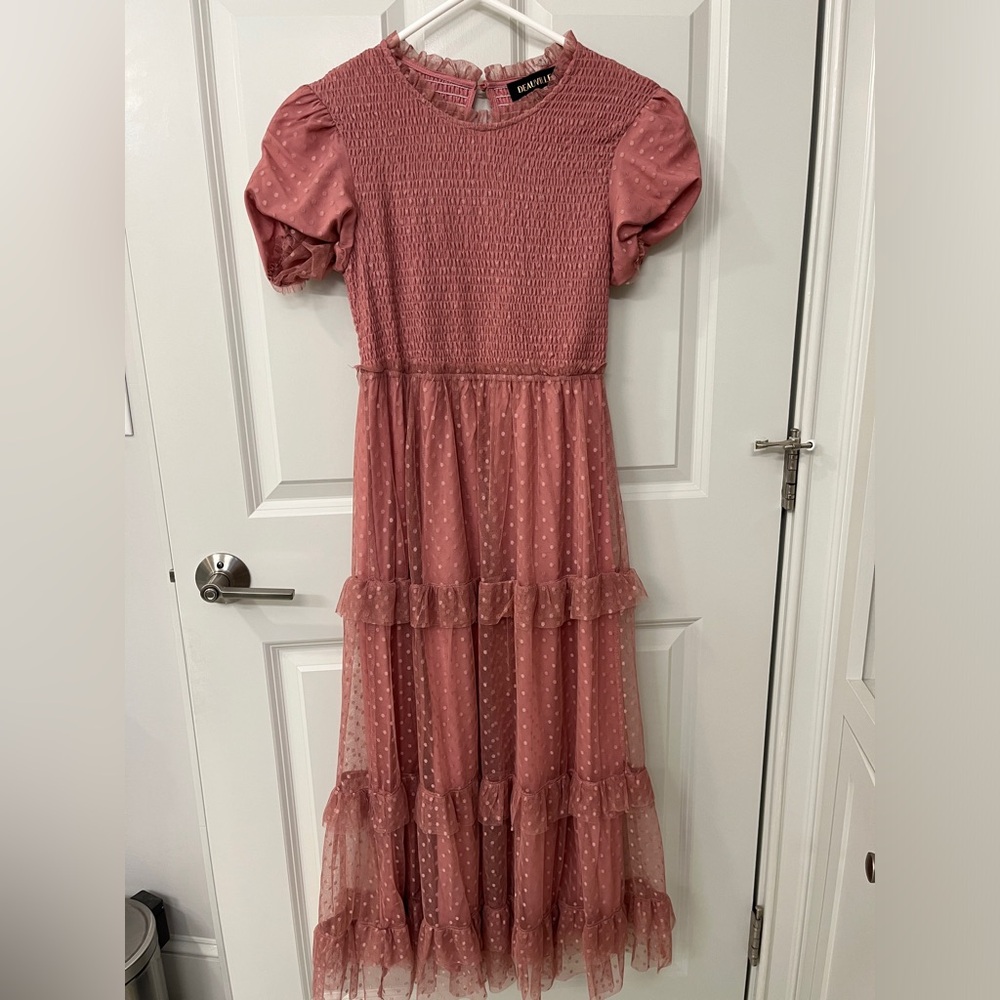 PinkBlush Maternity mauve ruffle midi dress